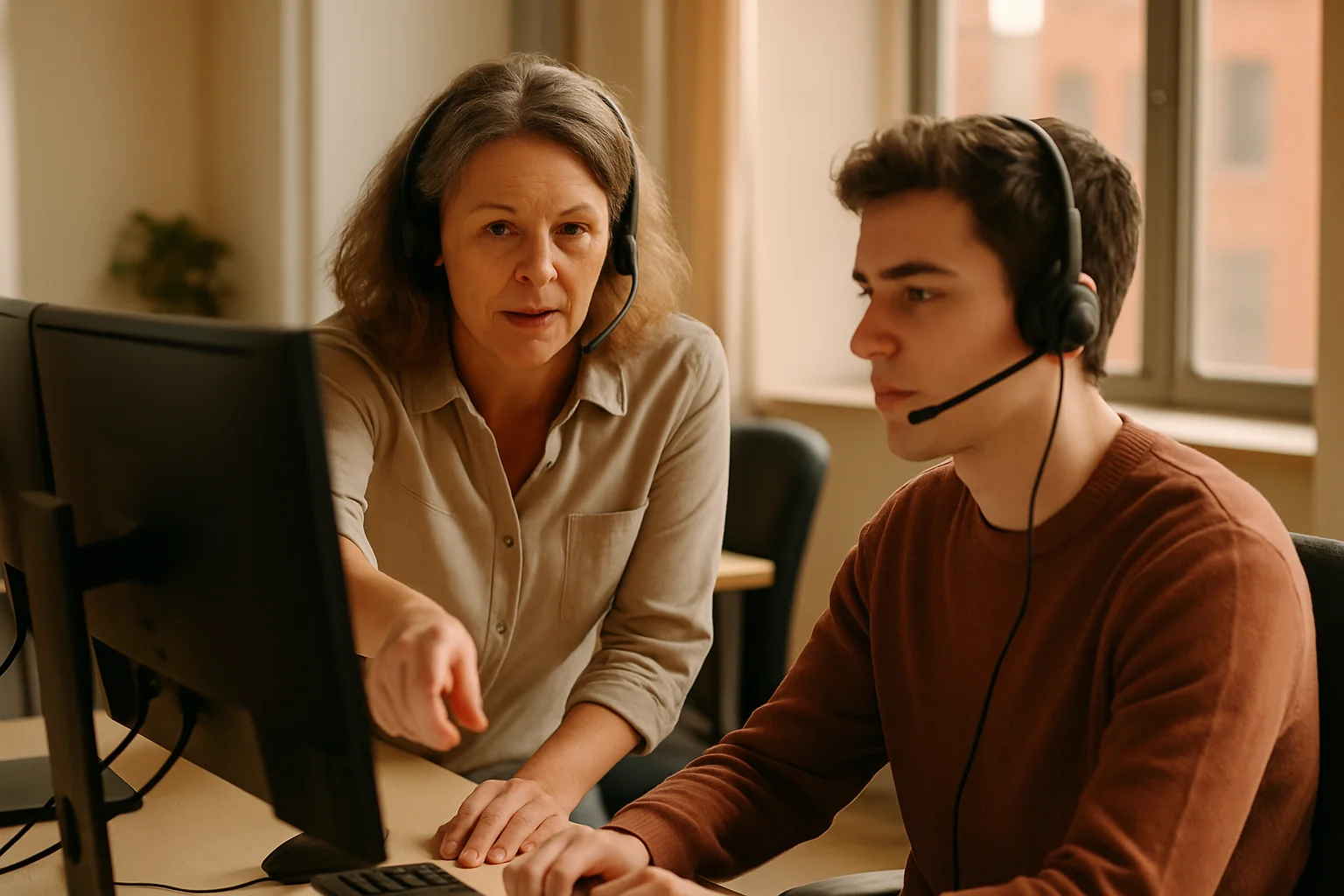 A trainer coaching a new hire through a practice call