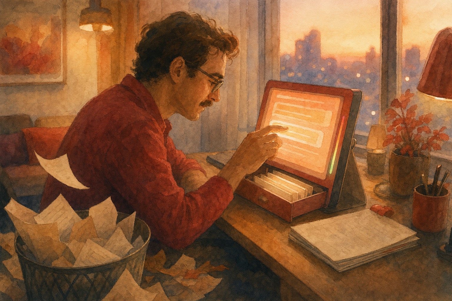 A writer at a warm handheld screen in a softly lit evening apartment sweeps older conversation lines into a small drawer, faded transcript pages curl in a wastebasket nearby, and a slim meter sinks from red toward green, in a Her-style terra-cotta watercolor palette