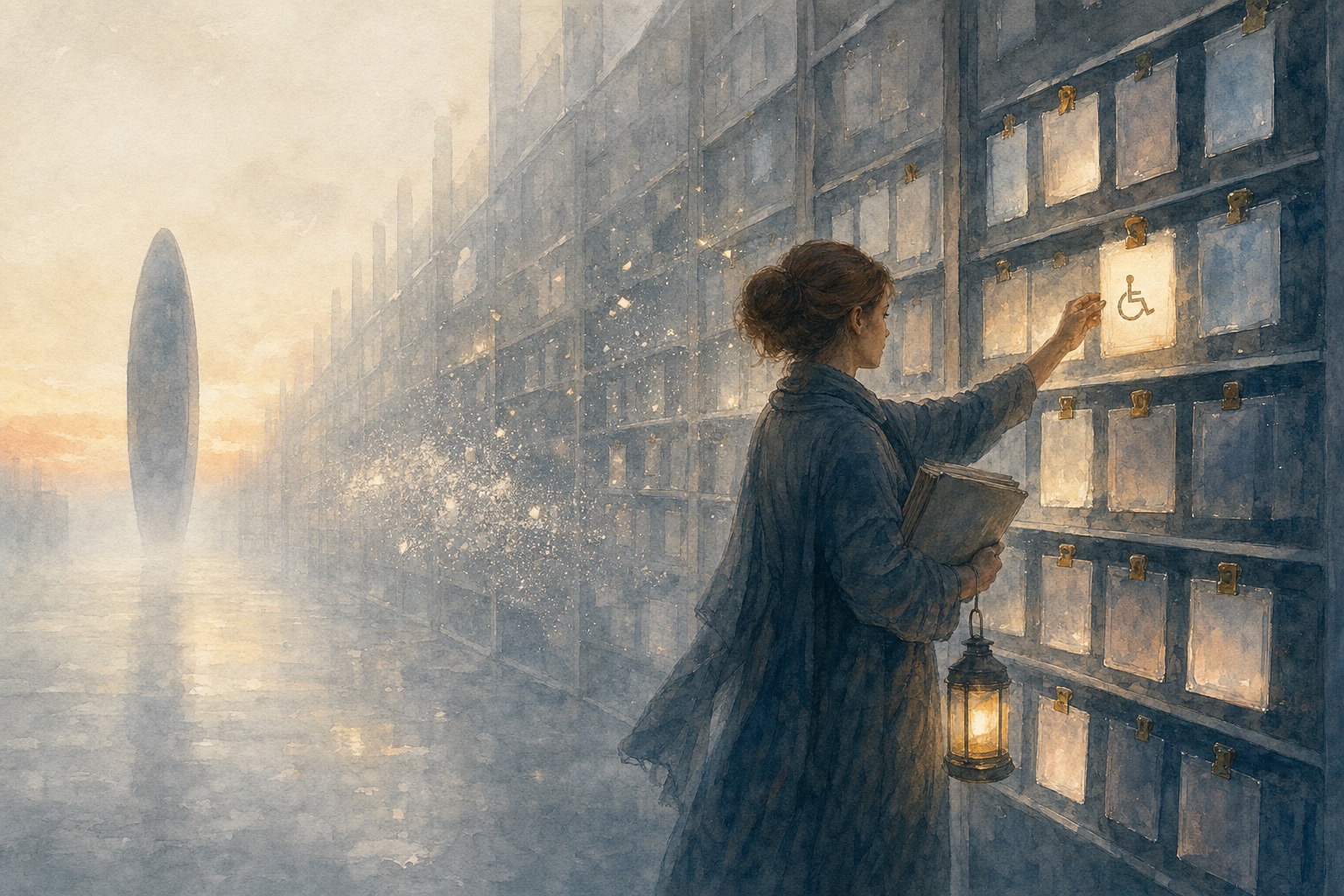 An archivist with lantern and ledger in a misty dawn library of glowing memory cards, some pinned bright with brass clips, others dissolving into motes; she presses a protective seal onto a card marked with a wheelchair glyph (Arrival film style, dusty-blue watercolor palette)