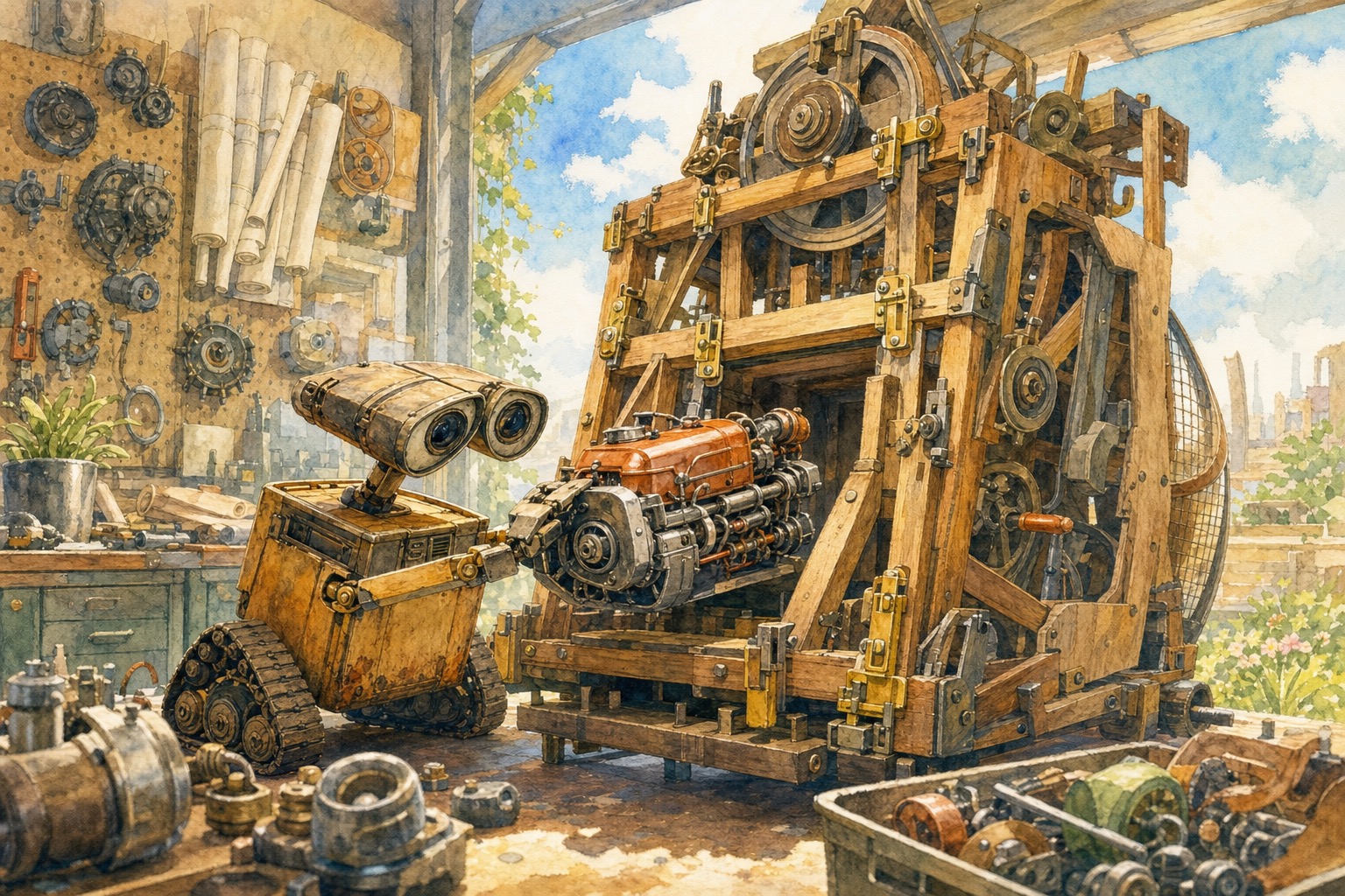 A small tinkering robot at a sunlit cluttered workbench fitting a bright new engine into a hand-built wooden frame of pulleys, guards and safety latches that dwarfs the engine (WALL-E film style, sage-olive watercolor palette)