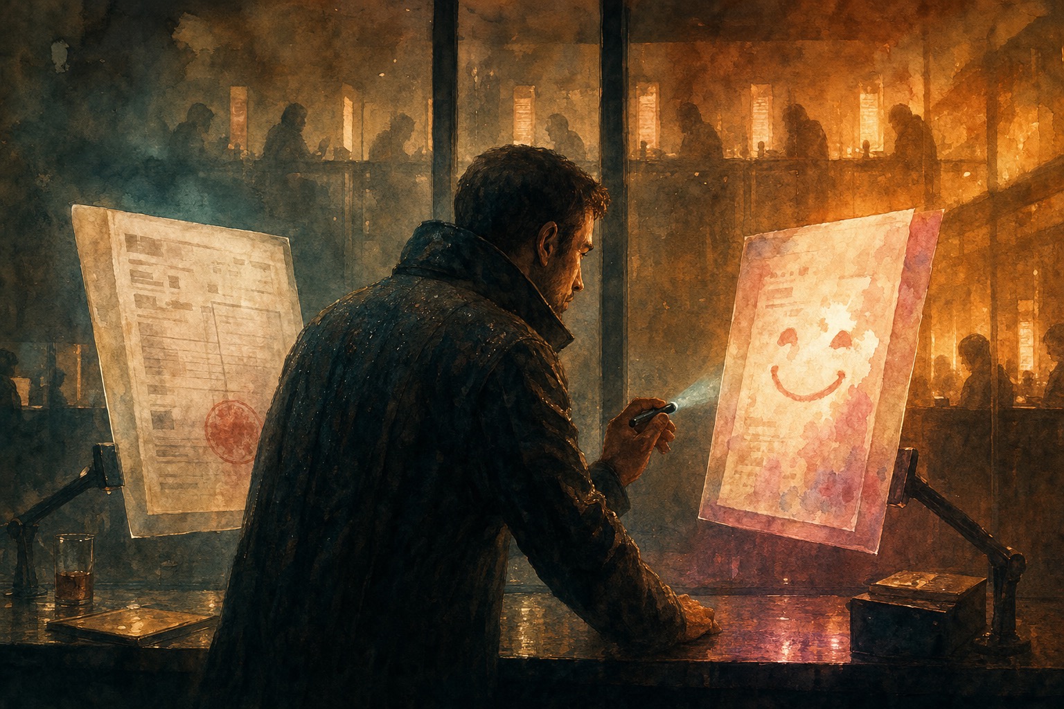 Two glowing documents sit in a dim interrogation room: a machine-printed receipt stamped with a red error seal beside a cheerful summary claiming success, while an examiner traces the mismatch with a pen light, in a Blade Runner-style warm-plum palette