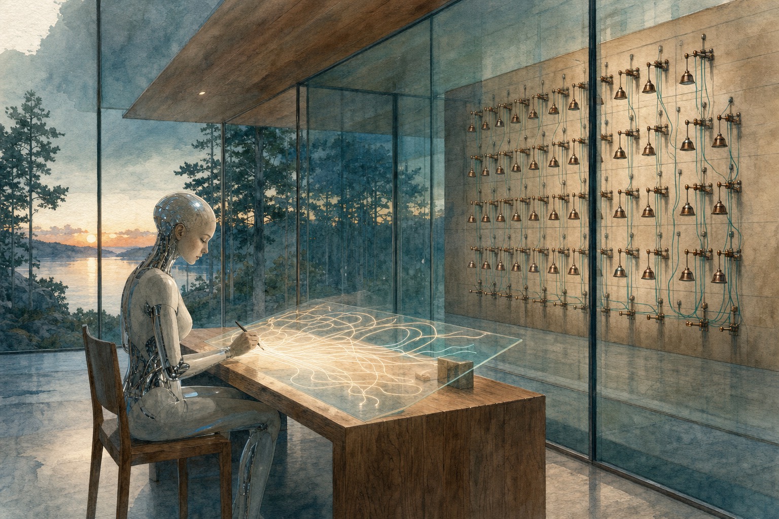 A slender android at a bare desk in a glass-walled studio at dusk writing one flowing branching script on a translucent pane, while behind the glass a wall of dozens of small labeled levers sits untouched (Ex Machina style, teal-copper palette)