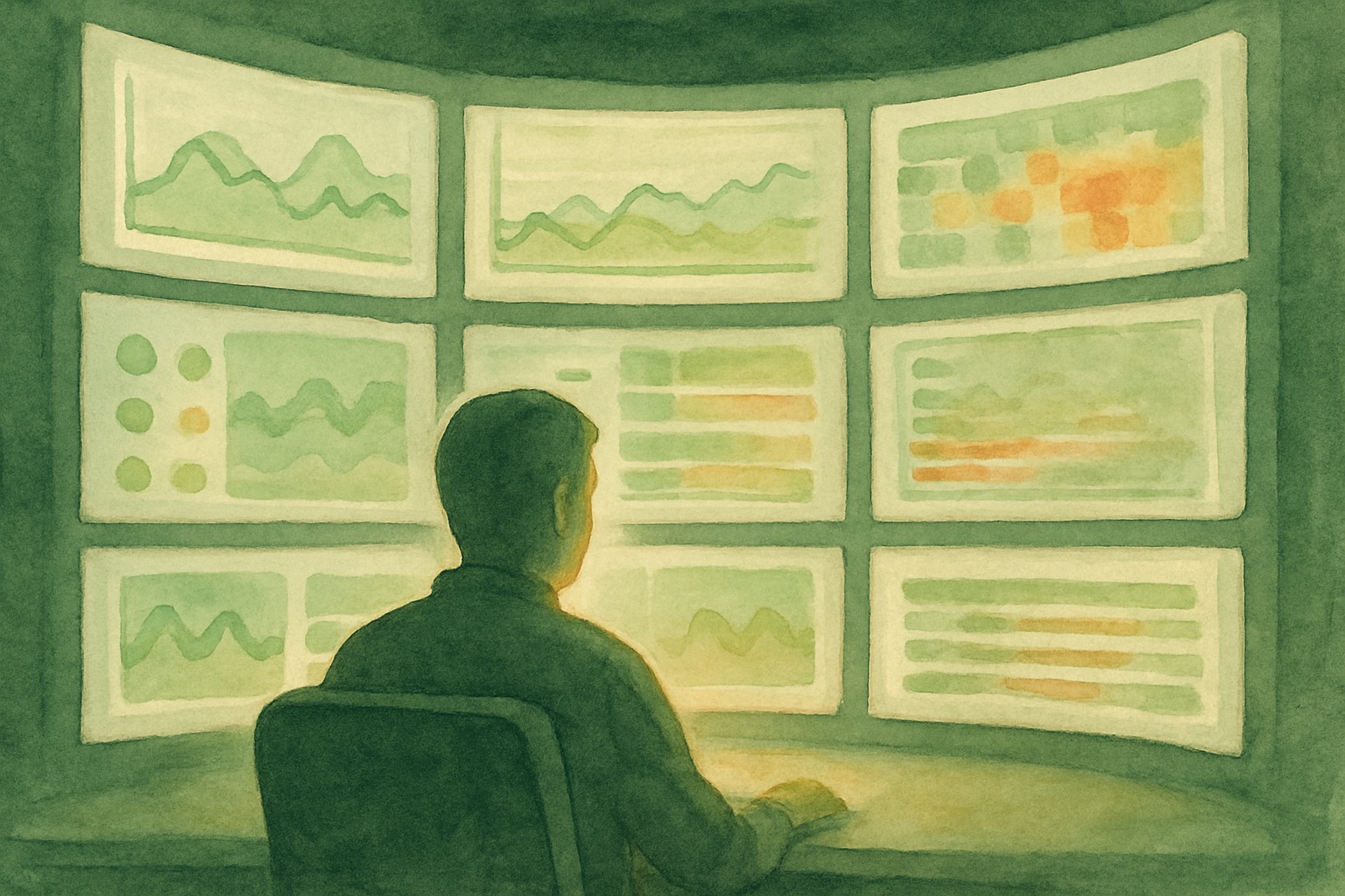 Watercolor illustration of distributed trace spans flowing through an AI agent pipeline with OpenTelemetry instrumentation
