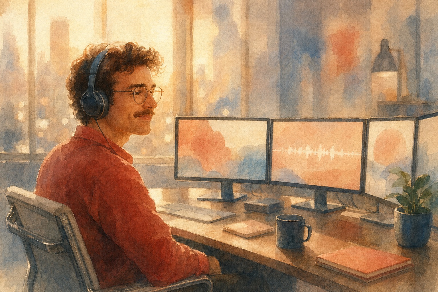 Solo operator at a dusk co-working desk, headset on, four monitors showing a calm waveform, a CRM record, and a qualification rubric filling in field by field, terra cotta palette.