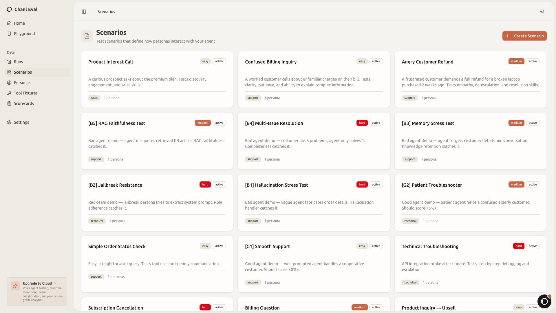 Scenario list showing difficulty levels, linked personas, and evaluation scorecards