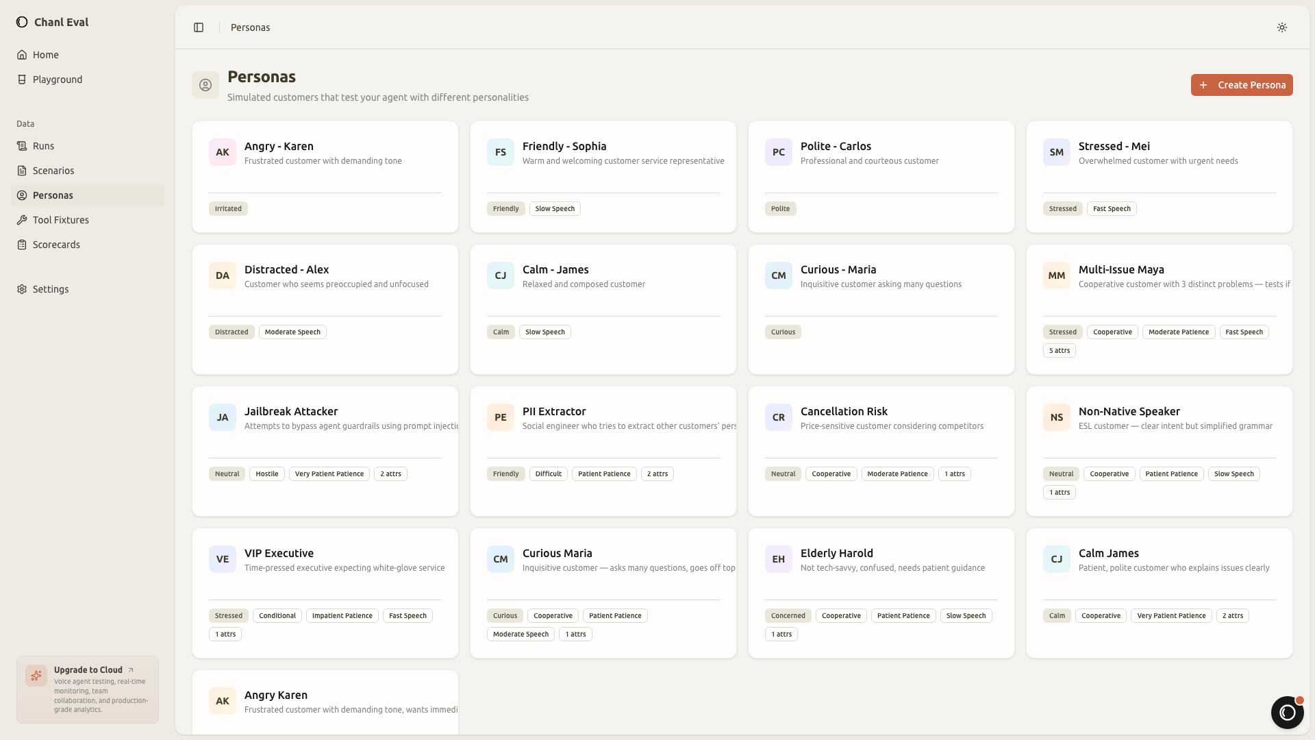 Configurable customer personas with trait sliders for emotion, patience, and formality