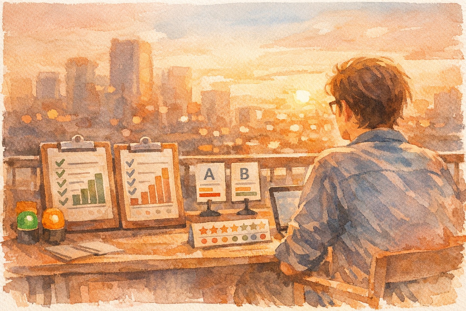 Warm watercolor illustration of an engineer reviewing A/B test scorecards and conversation analytics at a rooftop workspace during golden hour