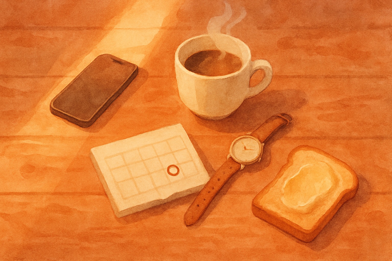Quiet Morning Kitchen With a Phone Face Up on a Wooden Counter Showing a Single Calm Notification Next to a Coffee Cup in Soft Terra Cotta Light