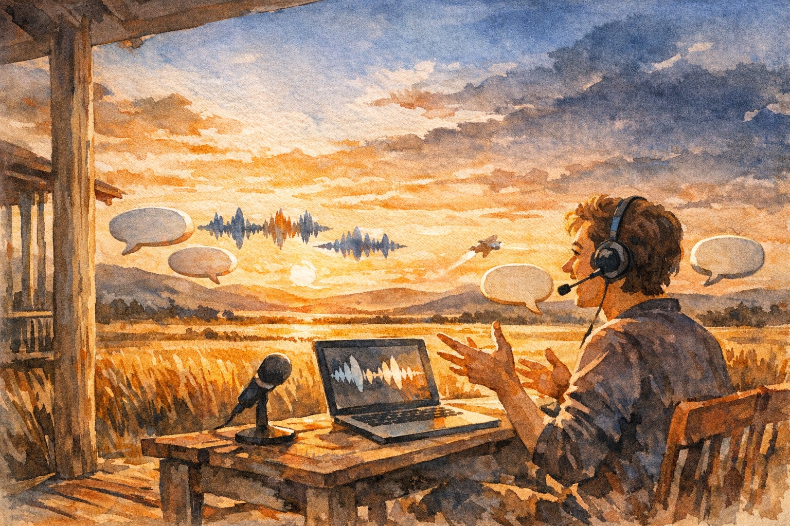 A watercolor illustration of a revenue leader turning away from a wall of dashboards to act on a single highlighted customer conversation