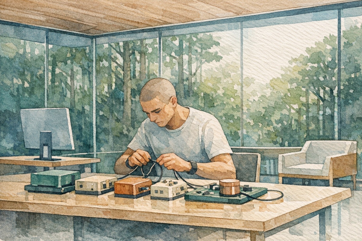 Person building with tool components at a desk