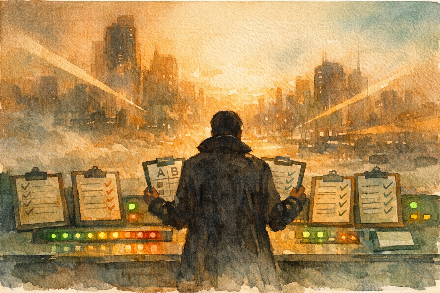 Watercolor illustration of an observation tower overlooking two parallel worlds, Blade Runner 2049 style in sage and olive tones