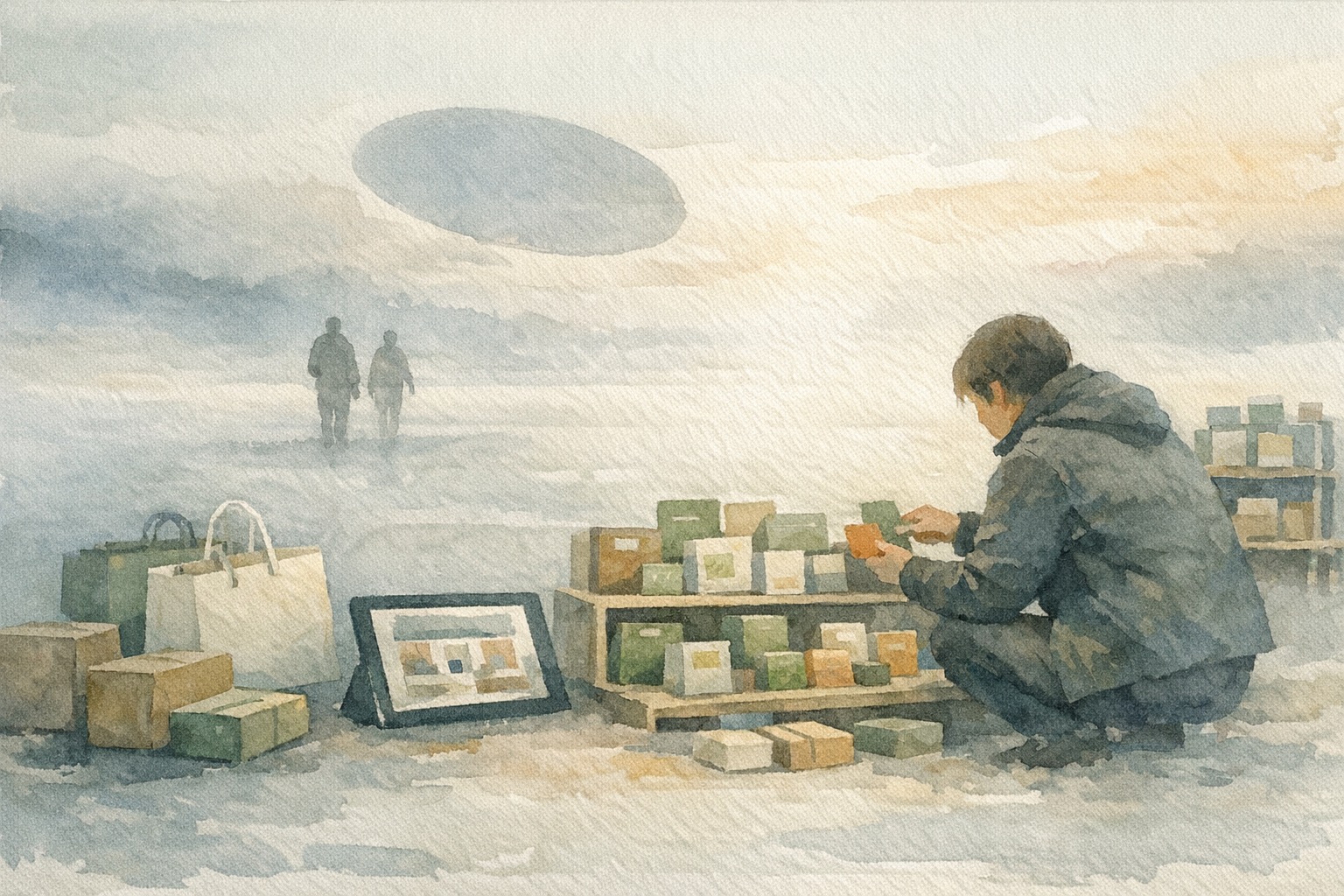 Illustration of an AI judge holding a checklist while reviewing a conversation transcript on a monitor