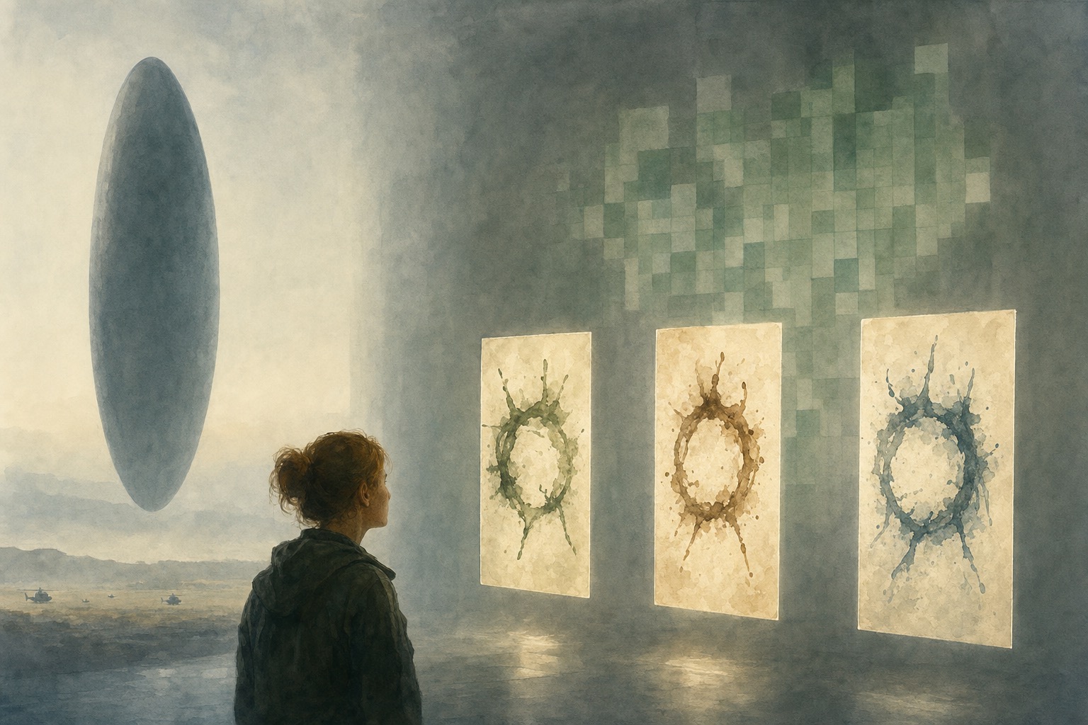 Three glowing rubric cards floating in misted air, each marking the same transcript with subtly different ink colors, with a faint kappa heatmap projected on the wall behind them