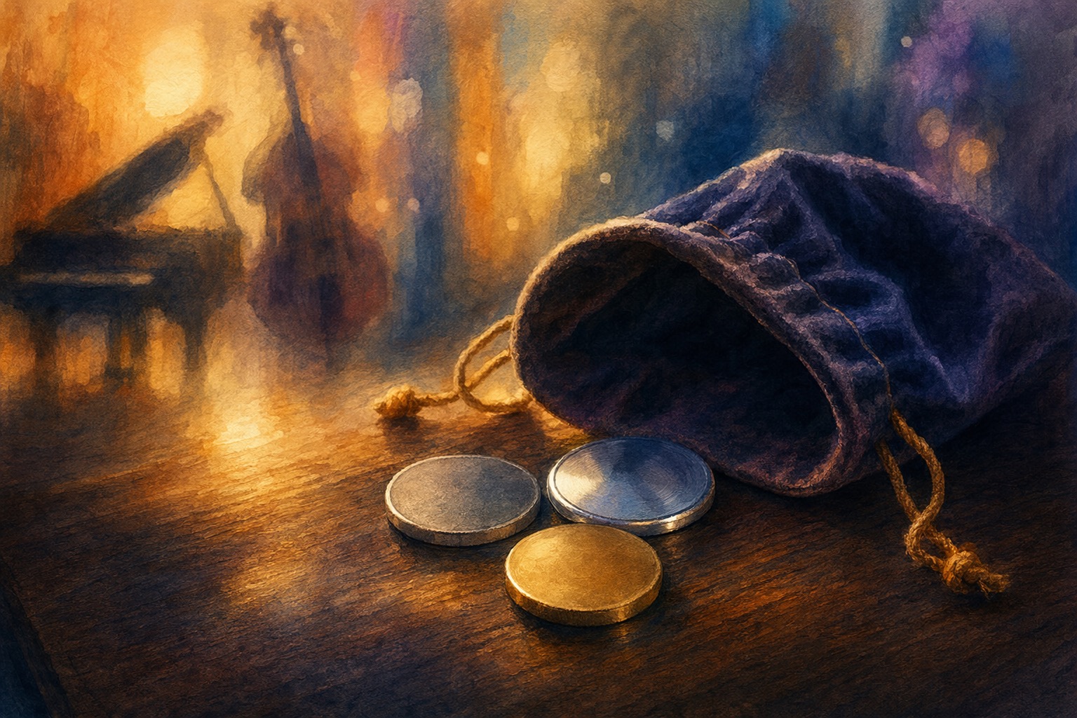Watercolor Still-Life of a Steel Coin, Silver Disc, and Gold Token Spilling From a Velvet Pouch Onto Dark Wood — Three Cheap-Tier Models on the Table
