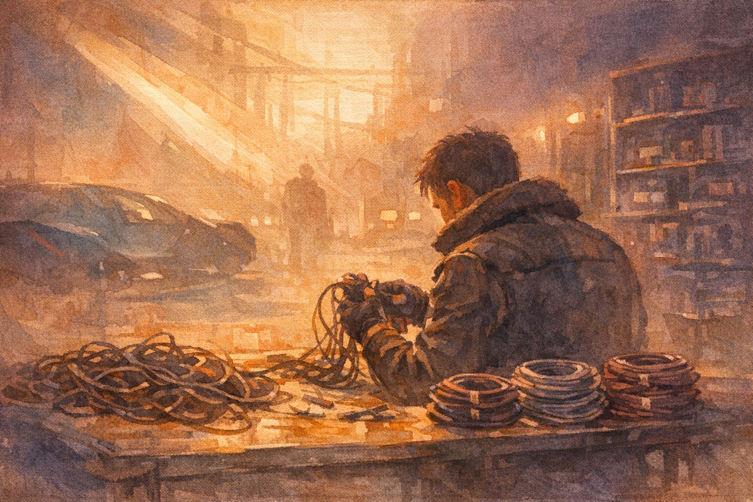 A massive warehouse of filing cabinets stretching into fog, with one person sitting at a clean desk with three folders under warm lamplight