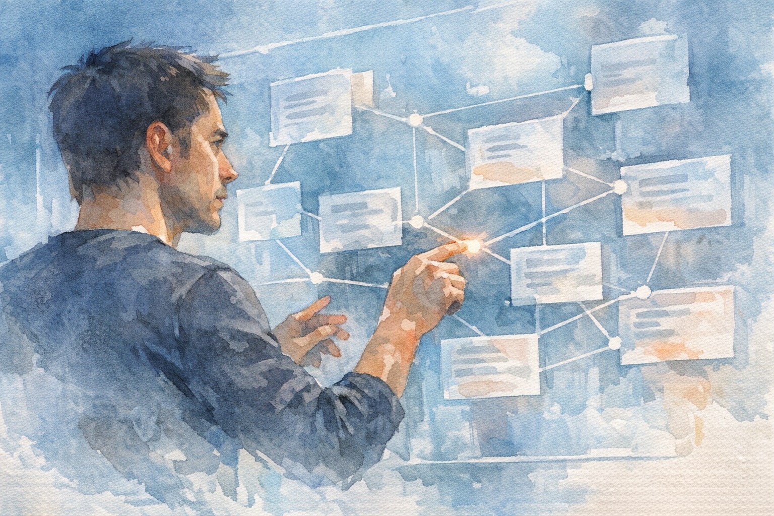 Person examining a translucent board with connected note cards, verifying links between them