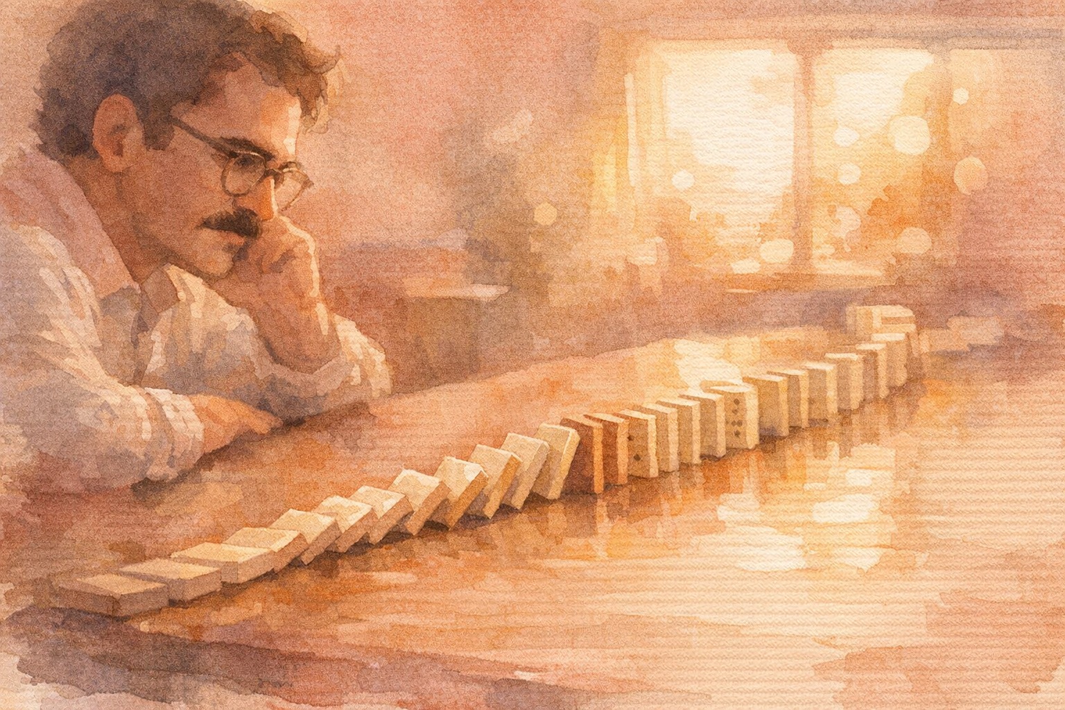 Overhead view of translucent screens on a conference table, their overlapping symbols blurring into noise