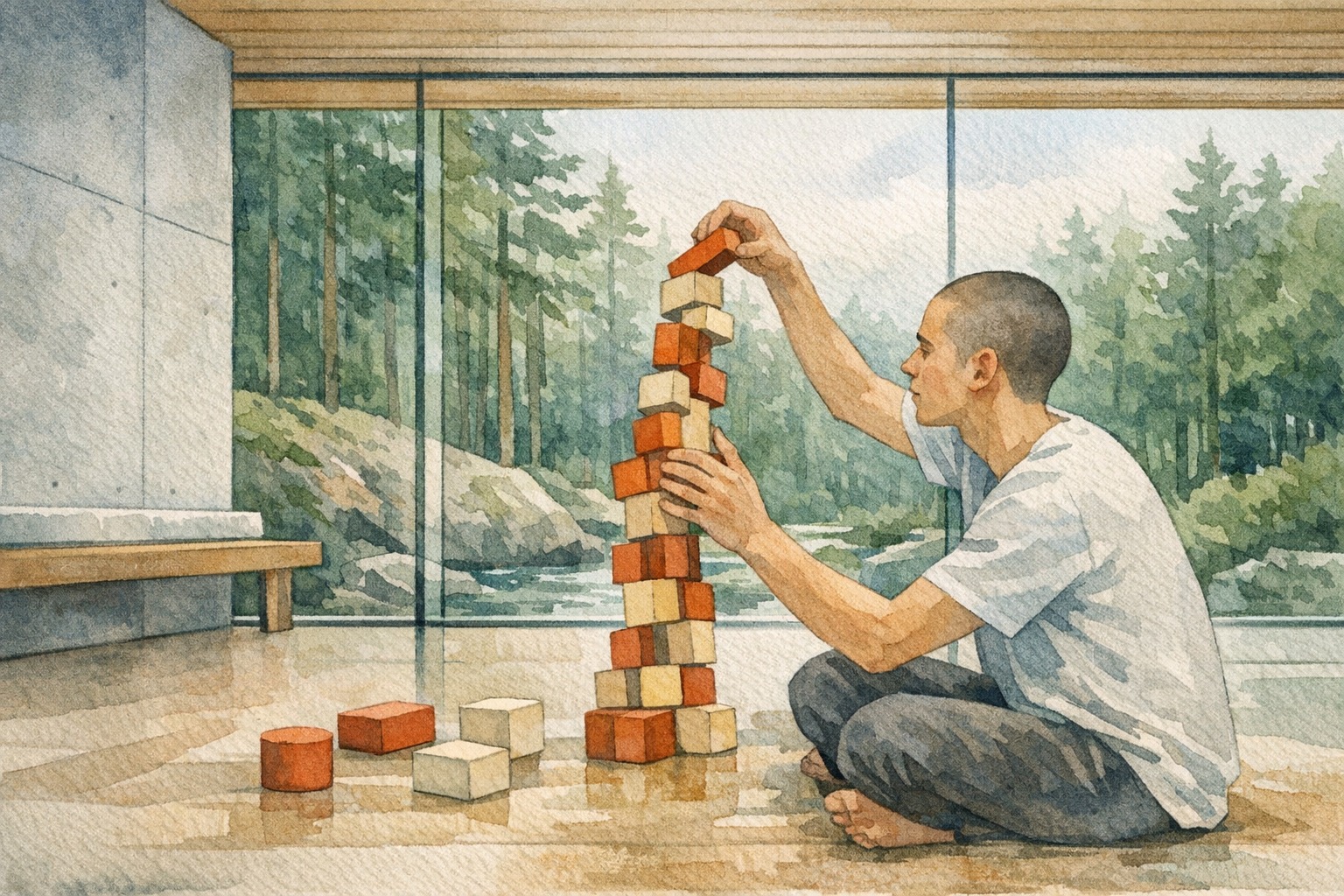 A clean desk with colorful building blocks arranged into a fragile tower on one side and a sturdy steel structure with monitoring instruments on the other