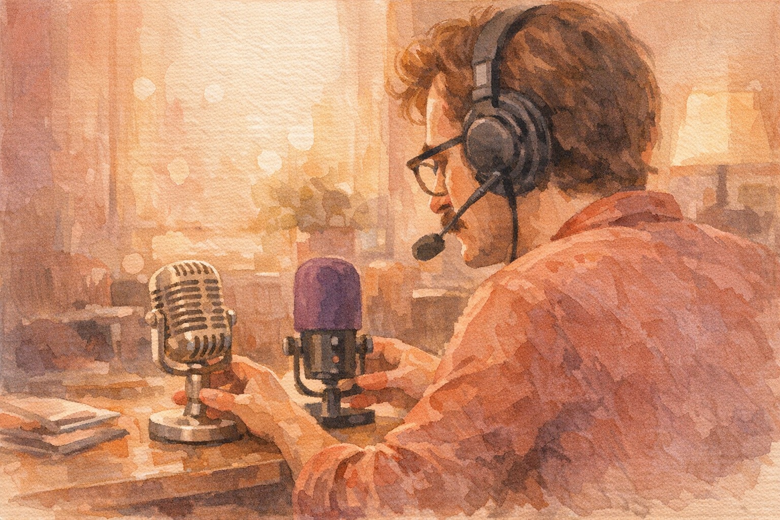 An engineer at a wide desk with two monitors showing warm and cool waveform visualizations, a headset between the screens, amber cityscape through floor-to-ceiling windows