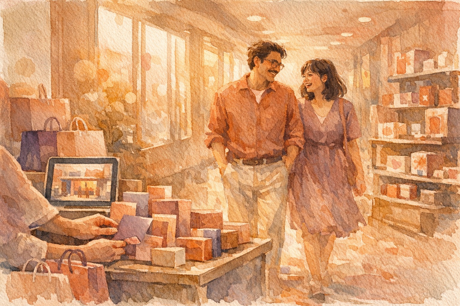 Watercolor illustration of two figures walking through a warm corridor of looping paths, Her style in warm plum tones