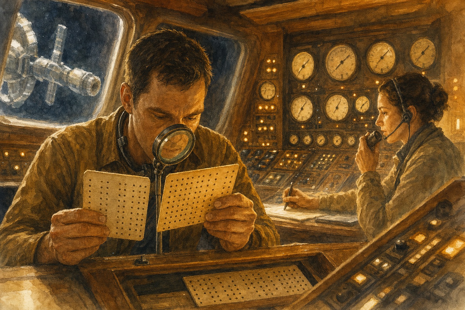 A wood-paneled mission control room in amber light; an operator magnifies two punched instruction cards that both fit the same slot but one row of holes sits offset; gauges and a trembling docking sequence behind (Interstellar style, golden-amber palette)