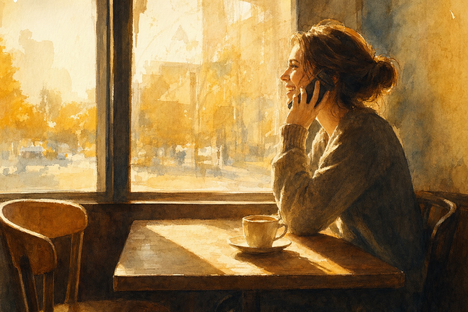 A Warm Desk at Golden Hour With a Phone Showing a Missed Call Notification Next to an Open Notebook