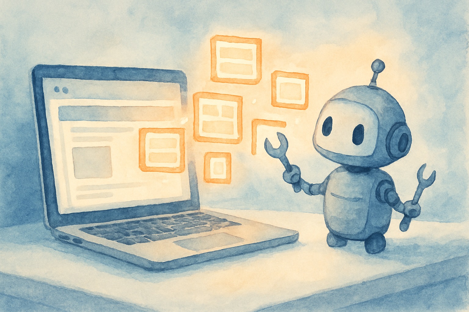 Browser window with structured tool definitions flowing between a website and an AI agent